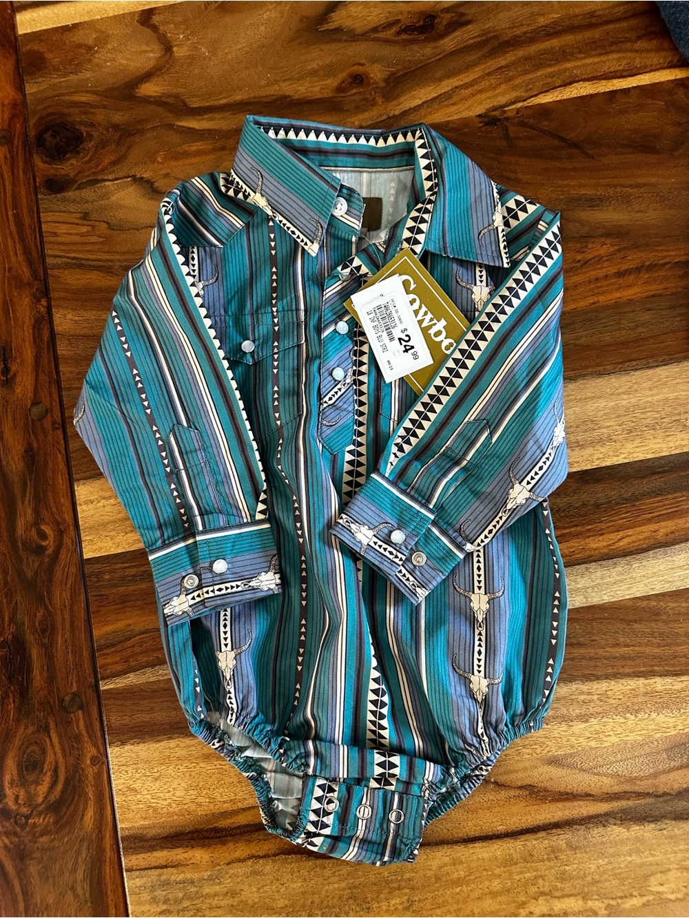 Cowboy Teal Striped Button-Front Baby Shirt Onesie